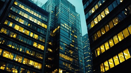 Fototapeta premium Two tall, modern glass skyscrapers with illuminated windows at dusk, reflecting the city lights. The buildings are in a financial district, with a business-like atmosphere.