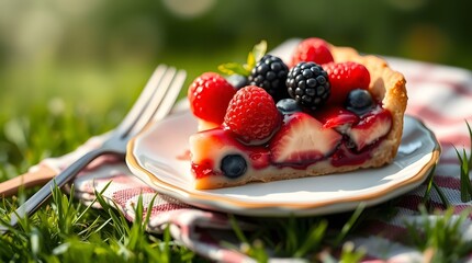 Delicious berry tart dessert recipe with fresh summer fruits on picnic blanket outdoors