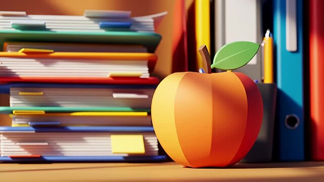 Stylized apple on a desk with binders and stacks of papers behind it
