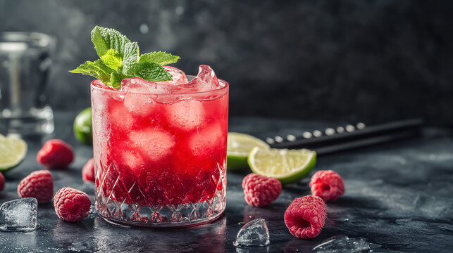 A raspberry lemonade cocktail featuring tequila, gin, rum, vodka, lime, fresh raspberries, and ice on a black bar counter.