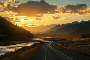 Golden Sunset Over Winding Road And Mountain Valley