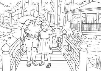 Coloring page of mother and daughter in park with bridge and gazebo