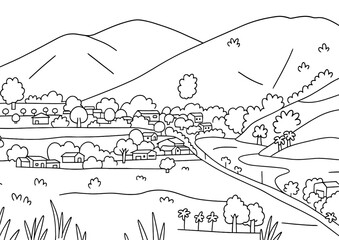 Fototapeta premium Village landscape coloring page for kids and adults printable free