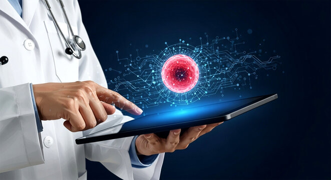 A doctor in a white coat using a tablet to examine a digital representation of a red cell structure