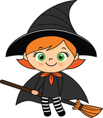  cartoon witch with long white hair flying on a magic broomstick. Halloween character vector illustration isolated on a white background.