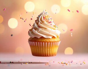 Delicious Vanilla Cupcake with Sprinkles and Creamy Frosting on a Bokeh Background