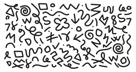 Hand drawn doodle vector set. Scattered Geometric Line Shapes. Abstract Background Design. Doodle arrow, heart, star, decoration symbol, icon set. Vector illustration.