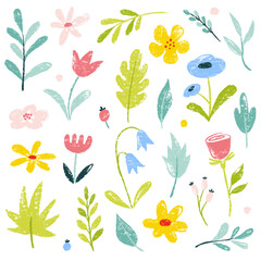 Flower crayon watercolor spring floral set. Hand drawn pastel crayon flower, leaf, plant with chalk texture. Cute nature background for kid, child, garden doodle element design. Vector illustration