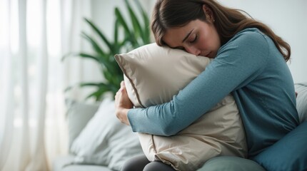 Sad depressed young woman hugging a pillow. Loneliness depression stress unhappy concept