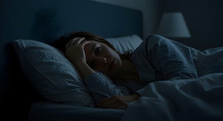 Stressed Brunette Woman Lies in Bed with Insomnia In Dark Blue Lighting Looking Sad and Anxious with Pillow and Bedside Lamp