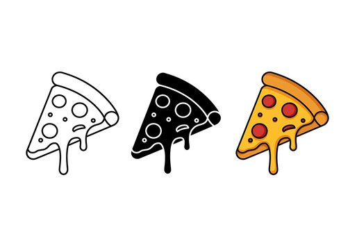 A set of three vector pizza slice icons in different design styles