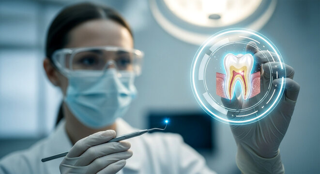 Dentist in mask holding dental tool with tooth graphic overlay in a modern dental office setting