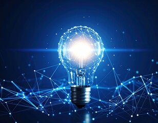 Glowing light bulb surrounded by digital network connections symbolizing innovation, technology, and futuristic concepts.