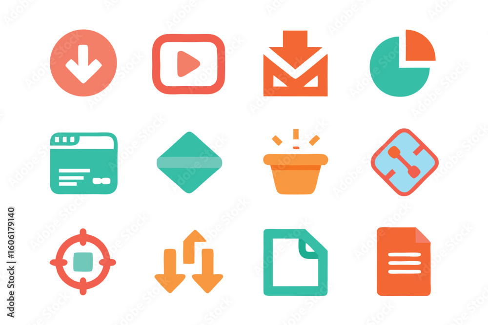 Poster vector art of a set of colorful flat icons representing various functions isolated on white backgrou