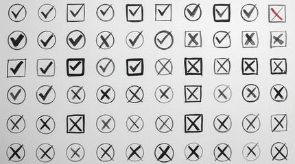 A grid of hand-drawn marks featuring checkmarks and crosses within circles squares and ovals showcasing different artistic styles and variations on a clean white surface