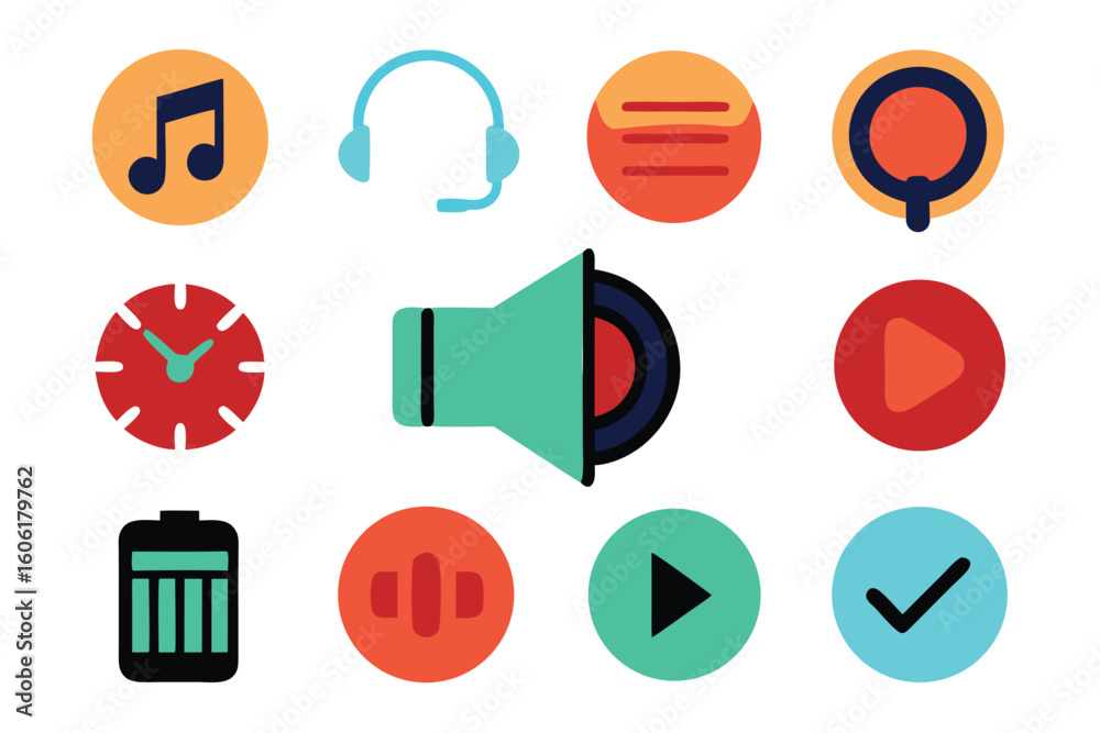 Poster vector art of a set of colorful flat design icons representing various music and multimedia function
