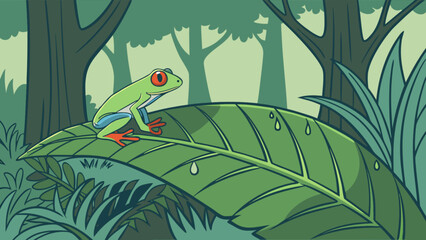 Red eyed tree frog illustration on leaf in tropical rainforest wildlife vector graphic design nature art
