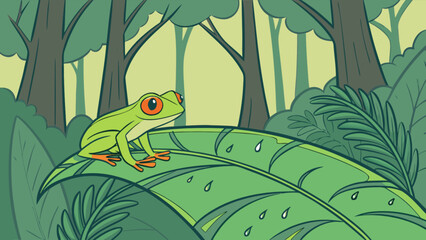 Red eyed tree frog illustration sitting on a leaf in the jungle rainforest wildlife amphibian drawing vector