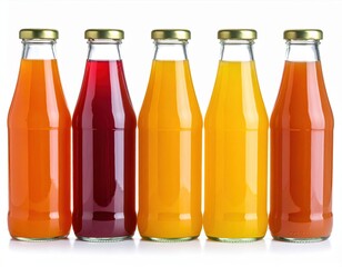 A vibrant display of five glass bottles filled with assorted fruit juices, showcasing a range of colors and flavors.