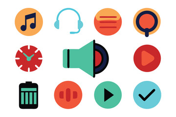 Vector art of a set of colorful flat design icons representing various music and multimedia functions