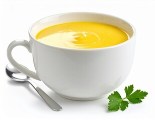 Delicious creamy pumpkin soup served in a white cup with a sprig of fresh parsley, accompanied by a spoon.
