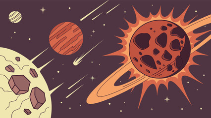 Cartoon space scene with planets, asteroids, comets and stars for kids educational resources and design projects