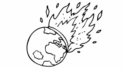Global warming climate change concept drawing of earth on fire outline vector illustration disaster 100c