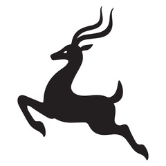 A black and white silhouette of a leaping antelope with a graceful deer. 