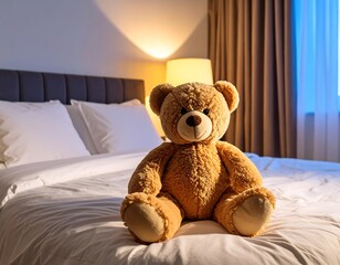 A teddy bear sits on a bed in a dimly lit room