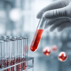 A lab technician in gloves holds a test tube with red liquid, engaged in scientific research and analysis.