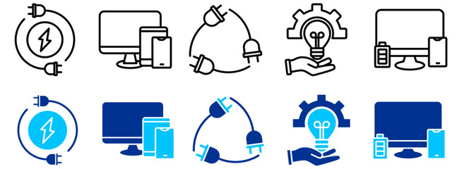 Power, Energy and Device Connectivity Icon Set - Outline and Duotone 