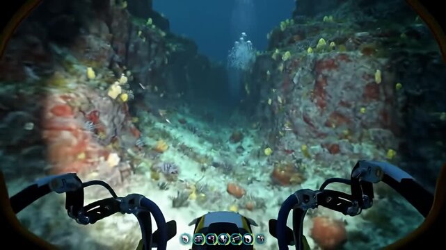 Submersible POV through a narrow underwater canyon with coral and distant divers