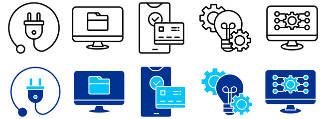 Power Plug, Digital Data and Innovation Icon Set - Outline and Duotone 