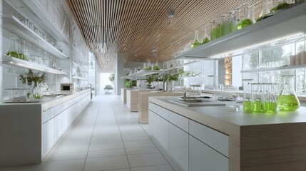 This image shows a modern and clean laboratory interior filled with various scientific equipment and glassware.