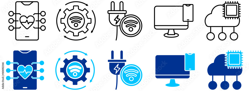 Fototapete Mobile Health Monitoring, Smart Grid and Cloud Computing Icon Set - Outline and Duotone 
