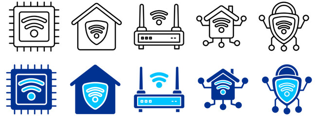 Wireless Technology, Smart Home and Network Security Icon Set - Outline and Duotone 