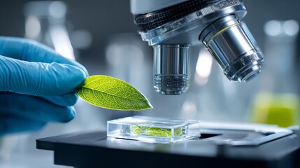 This image shows a leaf being examined under a microscope for scientific research, focusing on microscopic analysis of plant structure.