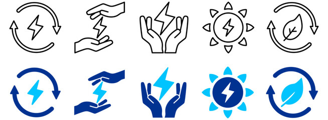 Renewable Energy, Power Generation and Eco-Friendly Solutions Icon Set - Outline and Duotone 