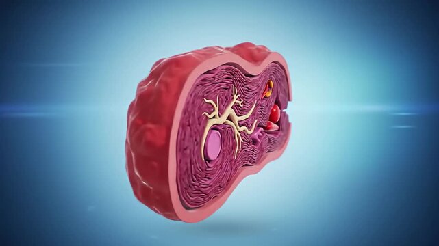 Cross-section anatomical rendering displays inner layers/structures against gradient blue background