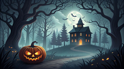 Fototapeta premium Halloween Jackolantern Haunted House Moonlight Forest Background