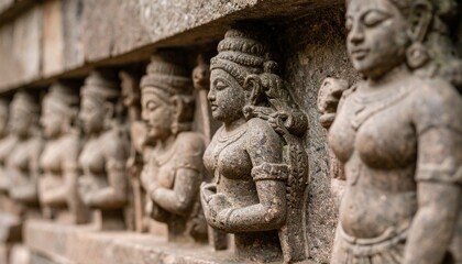 Fototapeta premium Stone Carvings of Ancient Figures on Historic Church Wall in Madras City