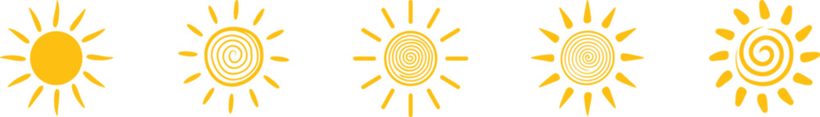 Hand-Drawn Yellow Sun Icons with Spiral and Ray Variations