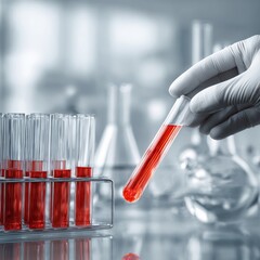 A laboratory scene shows a hand in glove holding a test tube with red liquid, surrounded by other test tubes and lab glassware for scientific experiment.