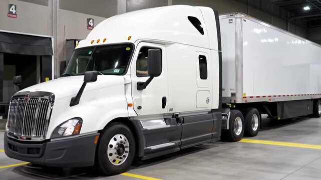 Semi-trailer truck pulling out, mostly white, in warehouse, with driver visible inside