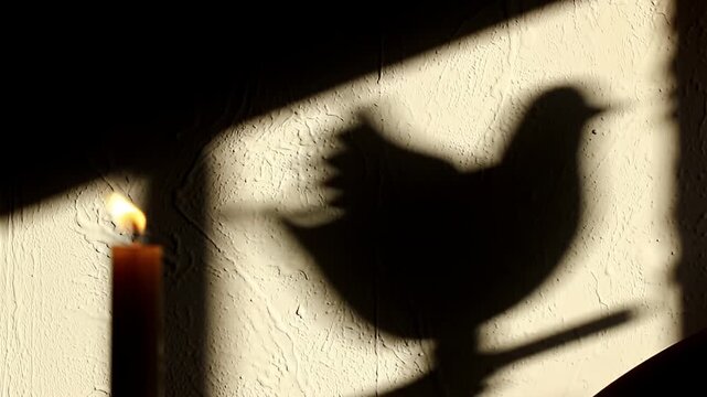 Lit candle casts shadow of a bird puppet against a textured wall in golden light