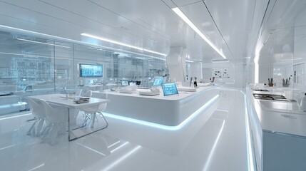 A modern and clean laboratory interior featuring advanced scientific equipment and a futuristic workspace.