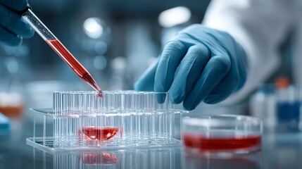A scientist in gloves is conducting an experiment by adding red liquid to test tubes in a laboratory setting.