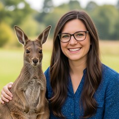 Woman and a kangaroo in a park setting.