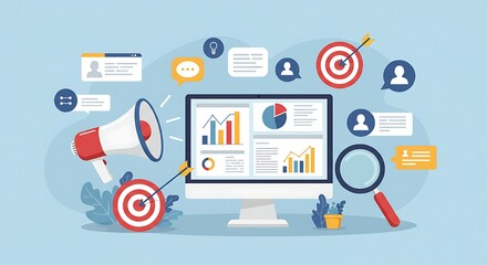 Digital marketing strategy illustration with computer and megaphone