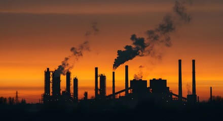 Industrial Plant Silhouette at Sunset with Smoke Emission, Environmental Pollution